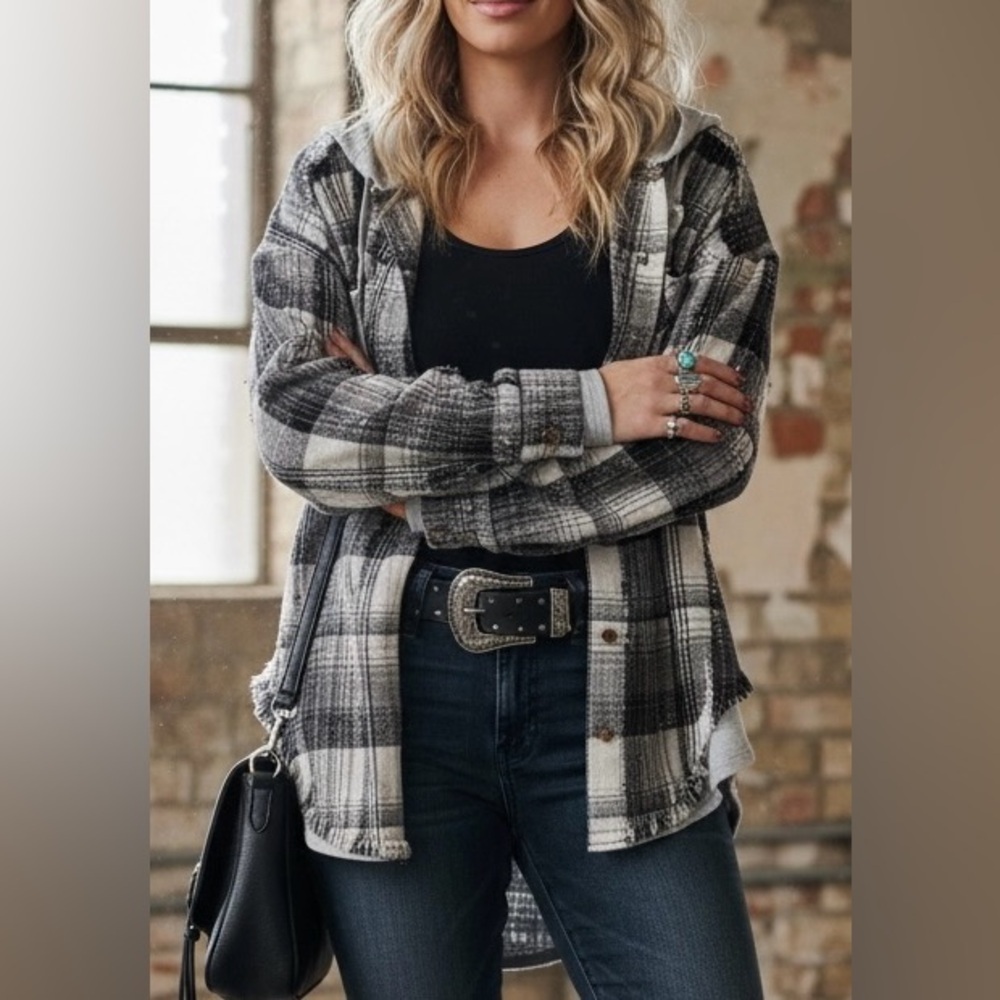 NWT Very J Distressed Button Down 90’s Grunge Flannel Hoodie Plaid Hooded Jacket - Picture 7 of 8